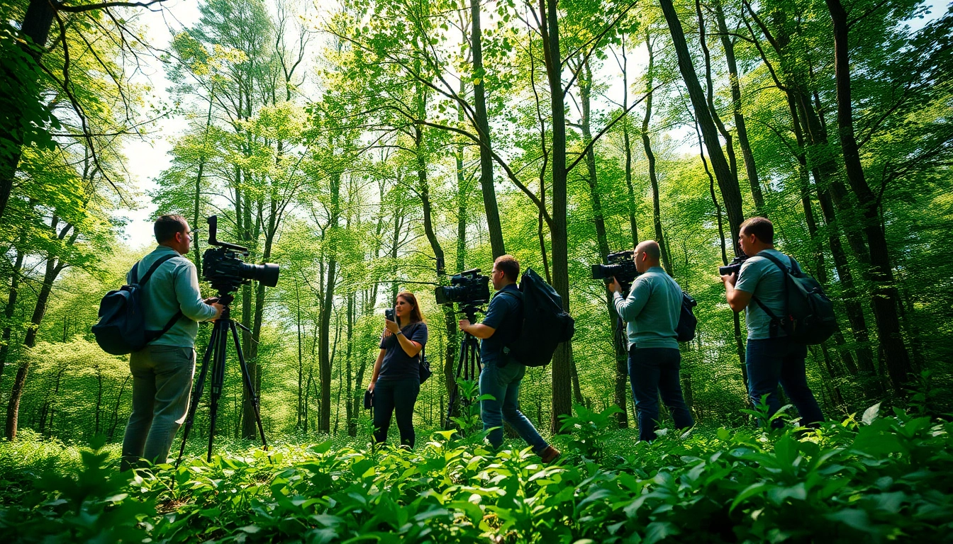 Videographers engaged in location scouting amidst a scenic forest setting.