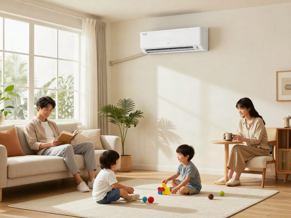 Modern living room featuring a 24000 btu mini split air conditioner providing comfort for a family.