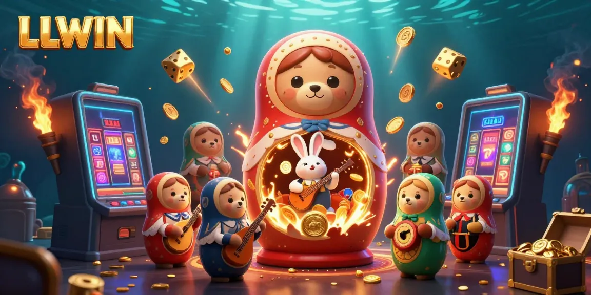 Experience the exciting world of LLWIN with a colorful 3D scene featuring casino games and joyful characters.