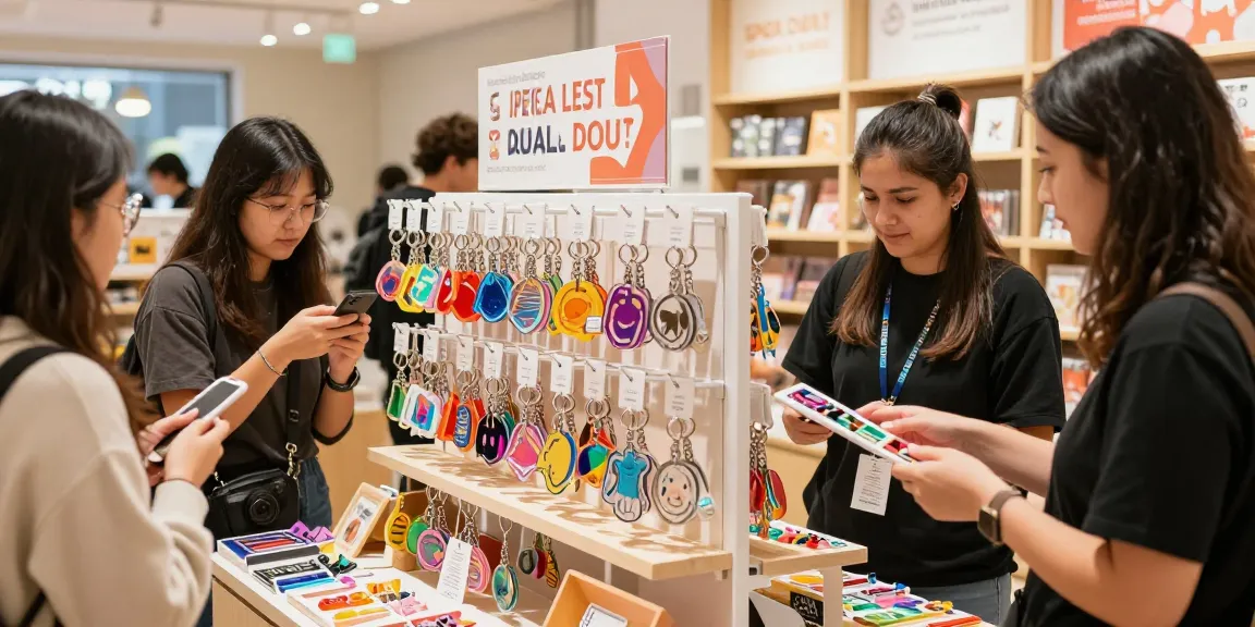 Explore custom keychains displayed in a vibrant retail setting with customers engaging in personalized shopping.