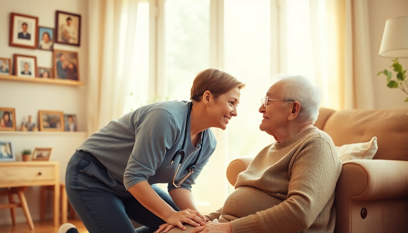 Elderly in home care near me, caregiver providing compassionate assistance in a cozy living room.