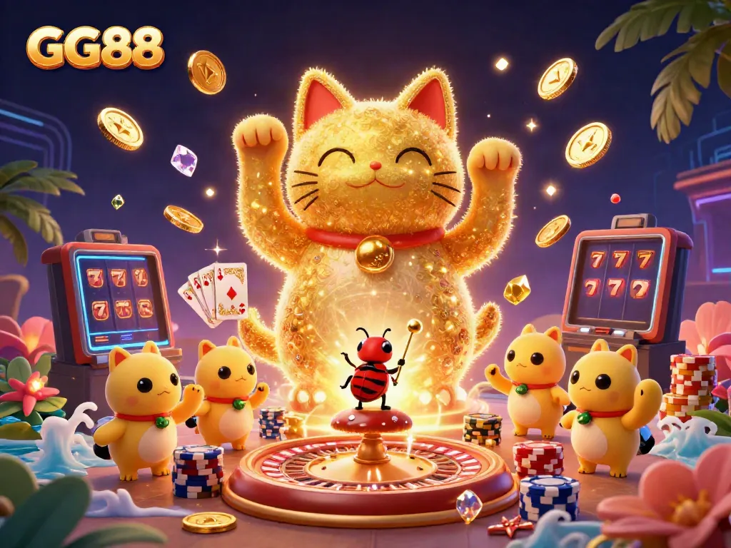 Engage with GG88, a vibrant scene of a lucky cat formed from fireflies amidst cascading coins and casino elements.