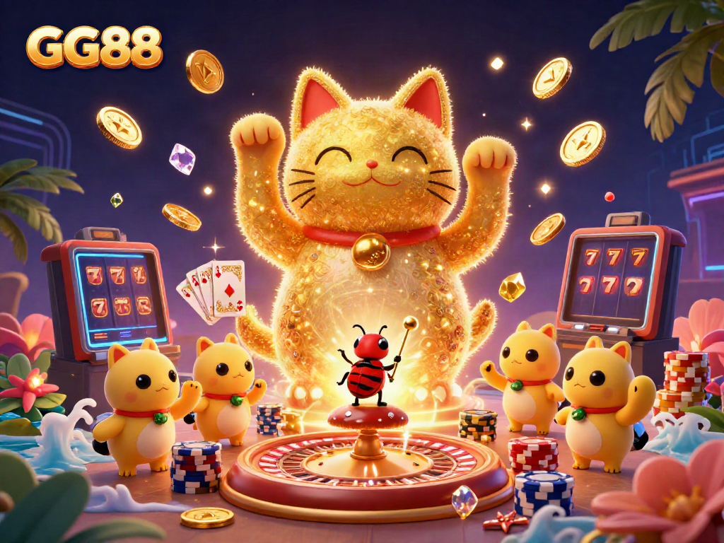 Engage with GG88, a vibrant scene of a lucky cat formed from fireflies amidst cascading coins and casino elements.