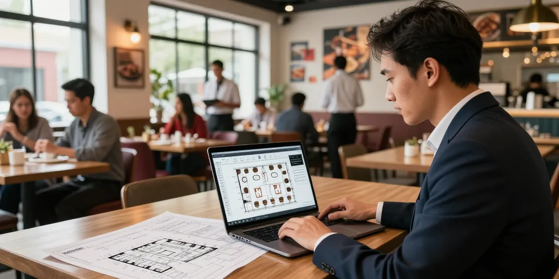 Creating a restaurant floor plan using innovative restaurant floor plan software, vibrant design environment with active staff.