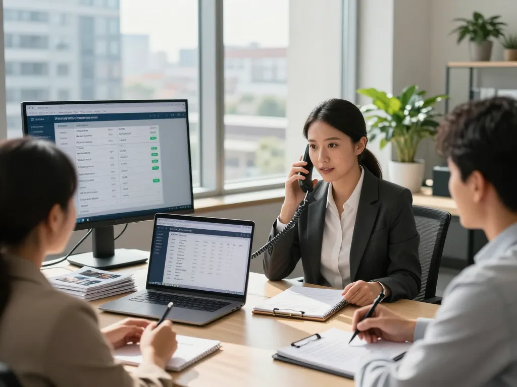 AI receptionist for property management assisting a professional in a modern office with digital displays and tenant inquiry notes.