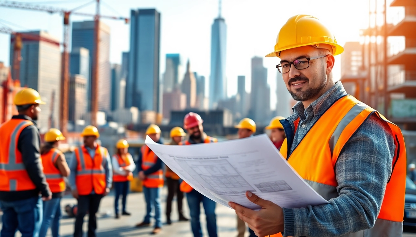 New York City Construction Manager engaging with a diverse team at a busy construction site.