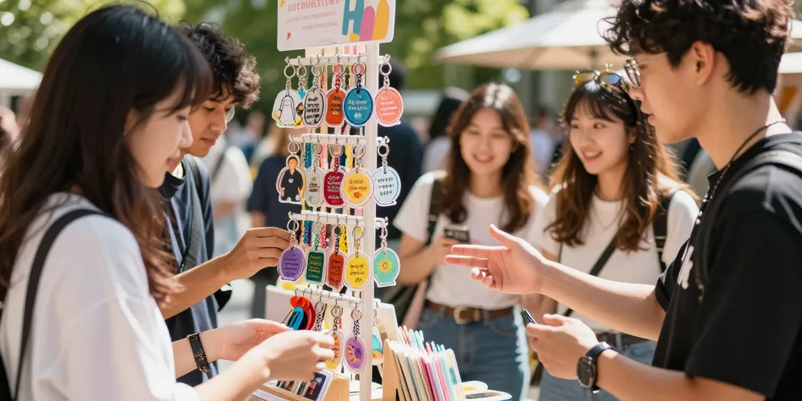 Custom acrylic keychains showcased in a lively e-commerce market, featuring diverse designs and enthusiastic shoppers.
