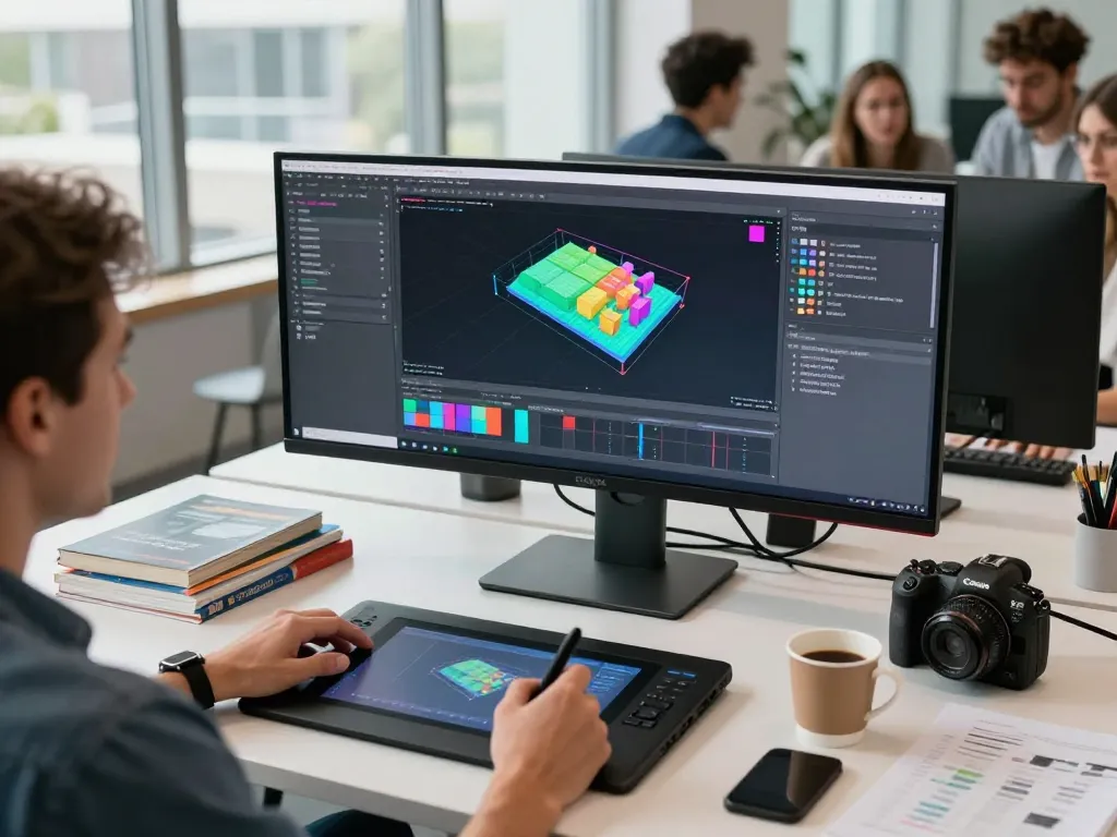 Designer generating CAD models from text to CAD in a tech workspace