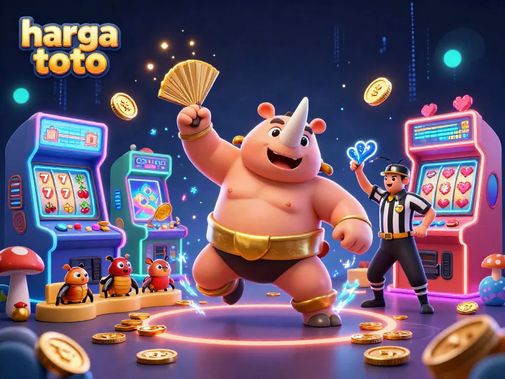 Experience thrilling gameplay at harga toto with a lively scene of a sumo beetle champion surrounded by dynamic gaming elements.