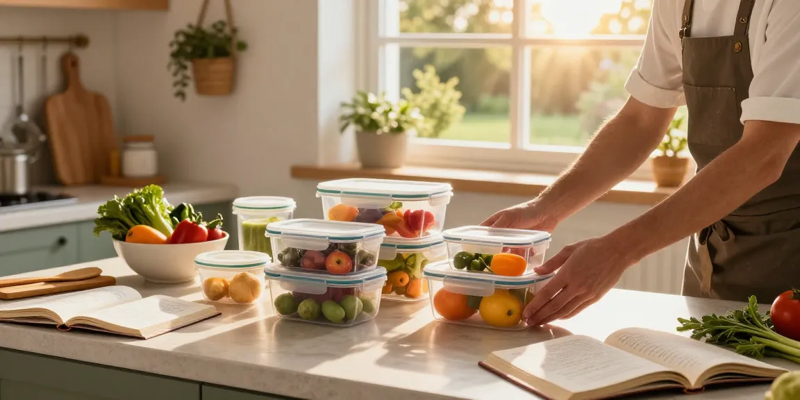 Colorful airtight food storage containers arranged in a bright kitchen, showcasing organization and fresh ingredients.