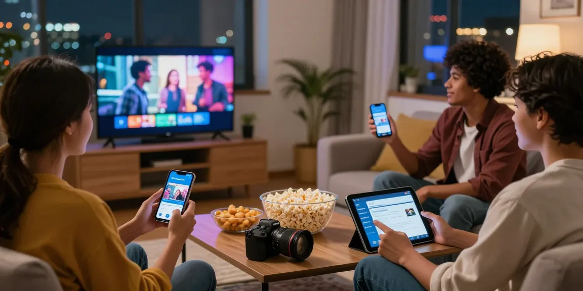 Pikashow movie night scene with friends using devices to stream movies in a cozy living room.
