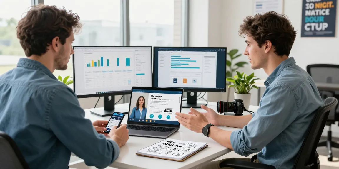 Automate my social media with a thriving small business owner using AI tools and analytics in a modern office.