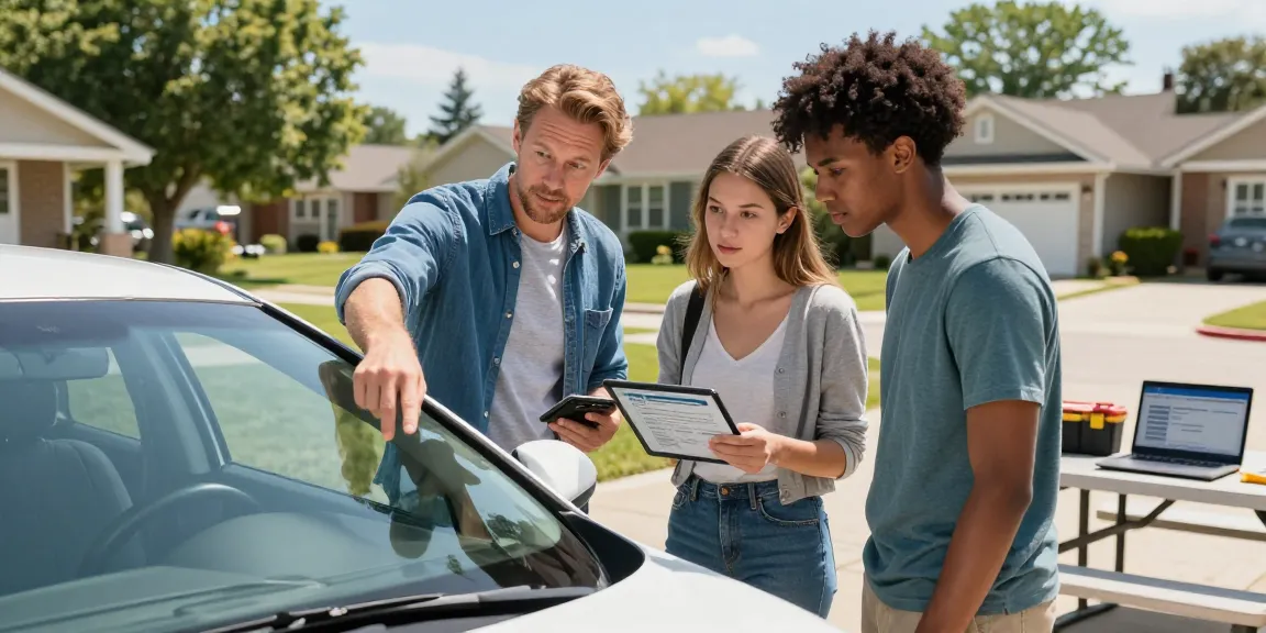 Group checking a car history report before buying a used car, with tools and a tablet present.