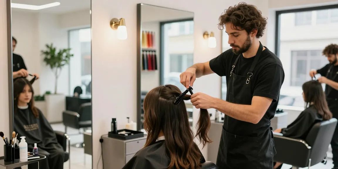 Seamless clip in extensions being expertly applied in a vibrant hair salon, showcasing beauty transformation.