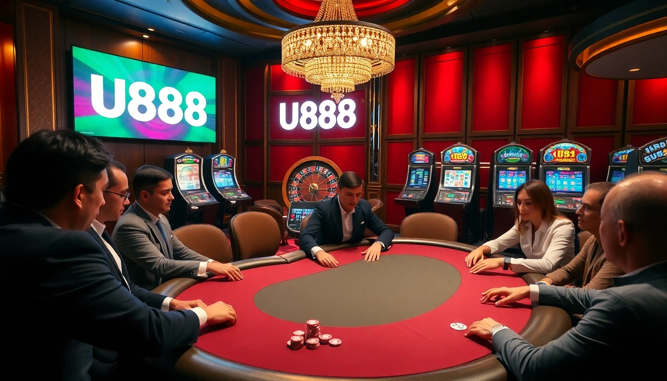 Experience the thrill of U888 online casino gaming at a luxurious poker table with vibrant action.