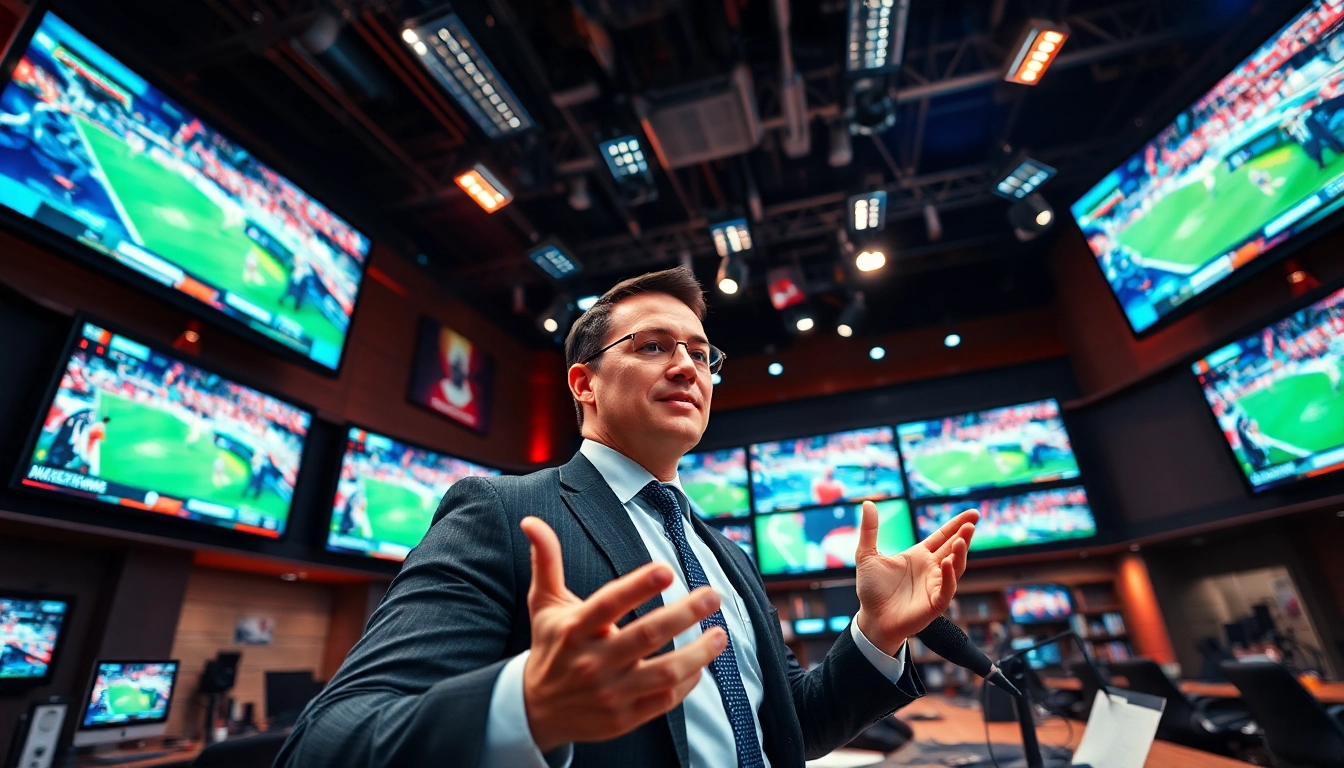 Engaging sports broadcasting scene with a professional presenter in a vibrant studio.