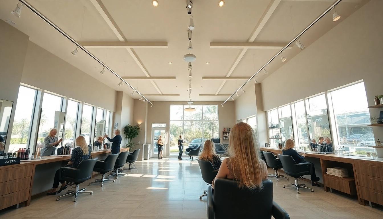 Aveda salon San Diego interior with clients enjoying hair services and stylish decor.