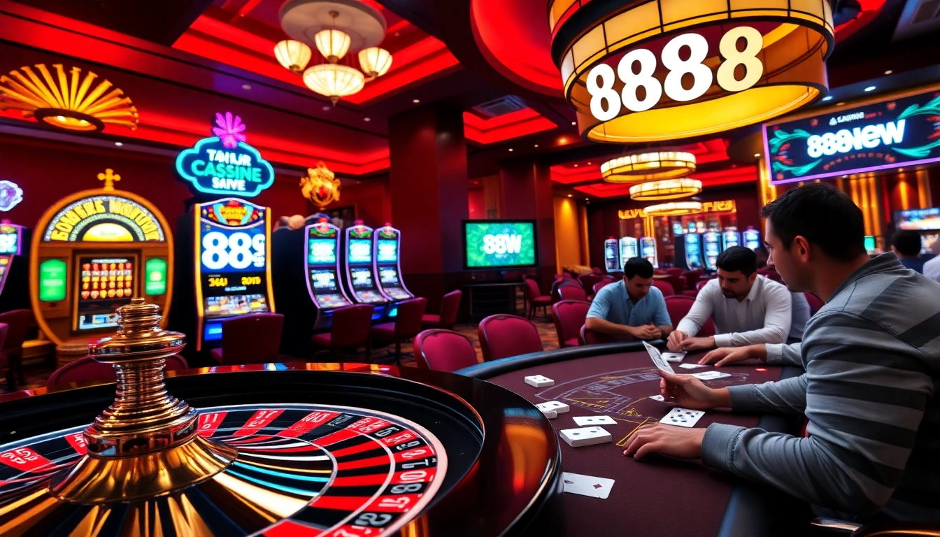 Players enjoying an exciting game at 888new online casino with vibrant slot machines and a roulette wheel.