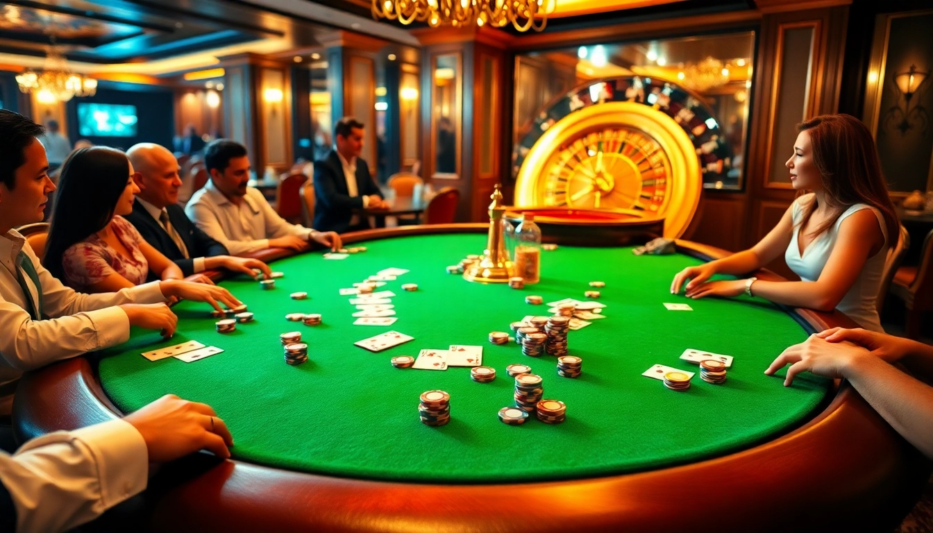Exciting poker game scene with km88 bet chips and cards, showcasing a vibrant casino atmosphere.