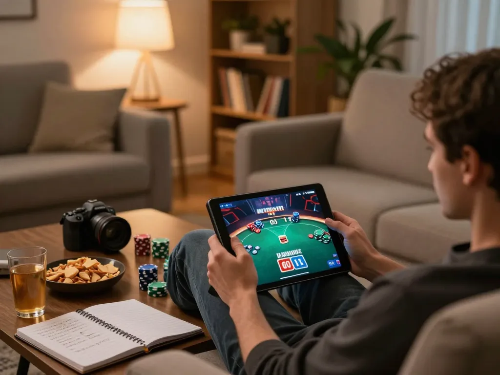 WIN79 player enjoying online poker on tablet with vibrant gameplay and cozy home atmosphere