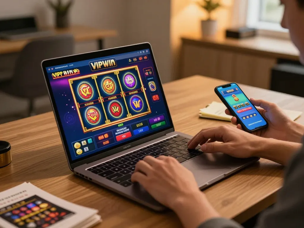 Player engaging with the VIPwin online casino platform on laptop, showcasing excitement and strategy in gaming.