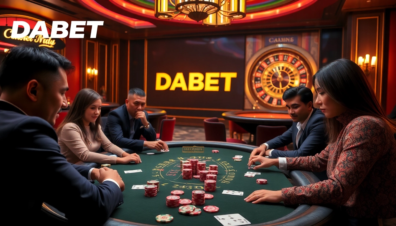 DABET showcases an exciting poker game experience in a luxurious casino atmosphere.