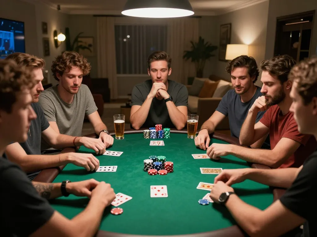 Engaged friends enjoying a poker game at home, embodying go8 strategies for social gambling.