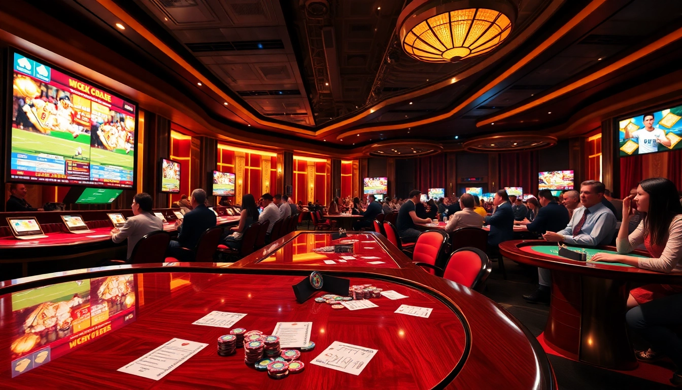 Experience the excitement of kèo nhà cái 5 in a luxurious casino betting environment, filled with vibrant colors and lively patrons.