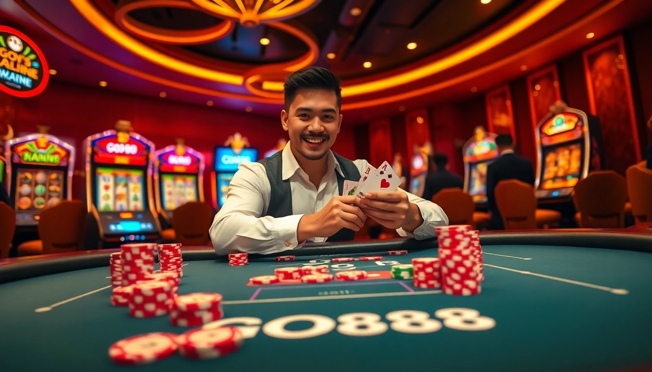 Experience the thrill of GO88 gaming with vibrant casino tables and engaging online gambling elements.