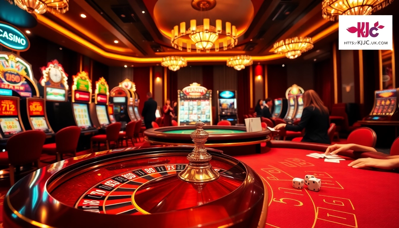 The excitement of gambling at https://kjc.uk.com/, showcasing a luxurious casino with roulette, slot machines, and poker tables.