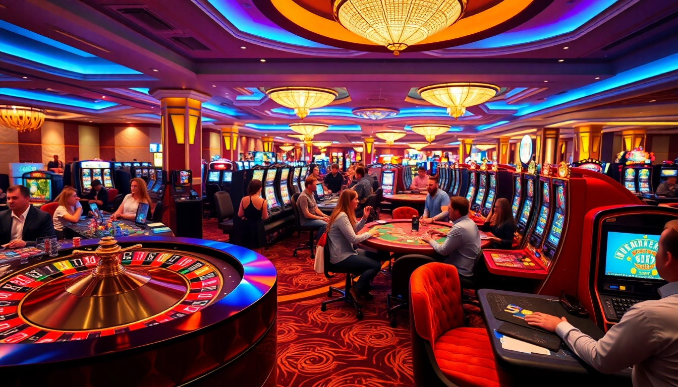 Engaging scene of players enjoying n bet games at a glamorous casino with tables, cards, and slot machines.