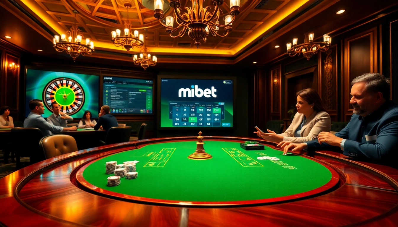 A vibrant casino scene showcasing mi bet betting options with poker chips and a roulette wheel prominently displayed.