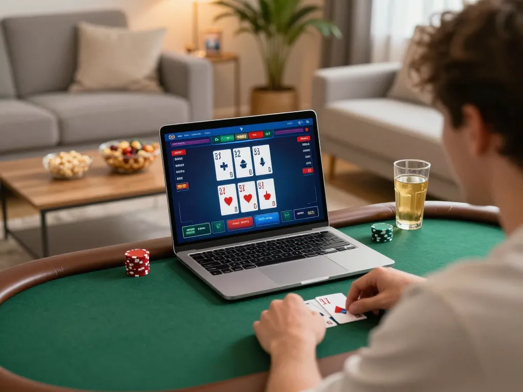 Engaging scene of a man club member playing poker online, focusing on strategy and winning