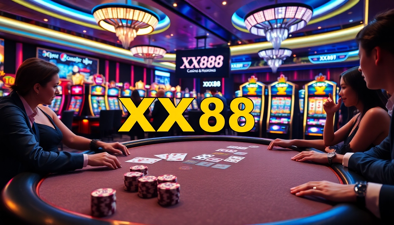 Players enjoying a thrilling game at XX88 casino tables, capturing excitement and professionalism.