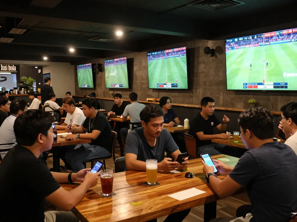 Penggemar bersorak di bar olahraga yang ramai sambil memasang taruhan Judi Bola pada pertandingan sepak bola.