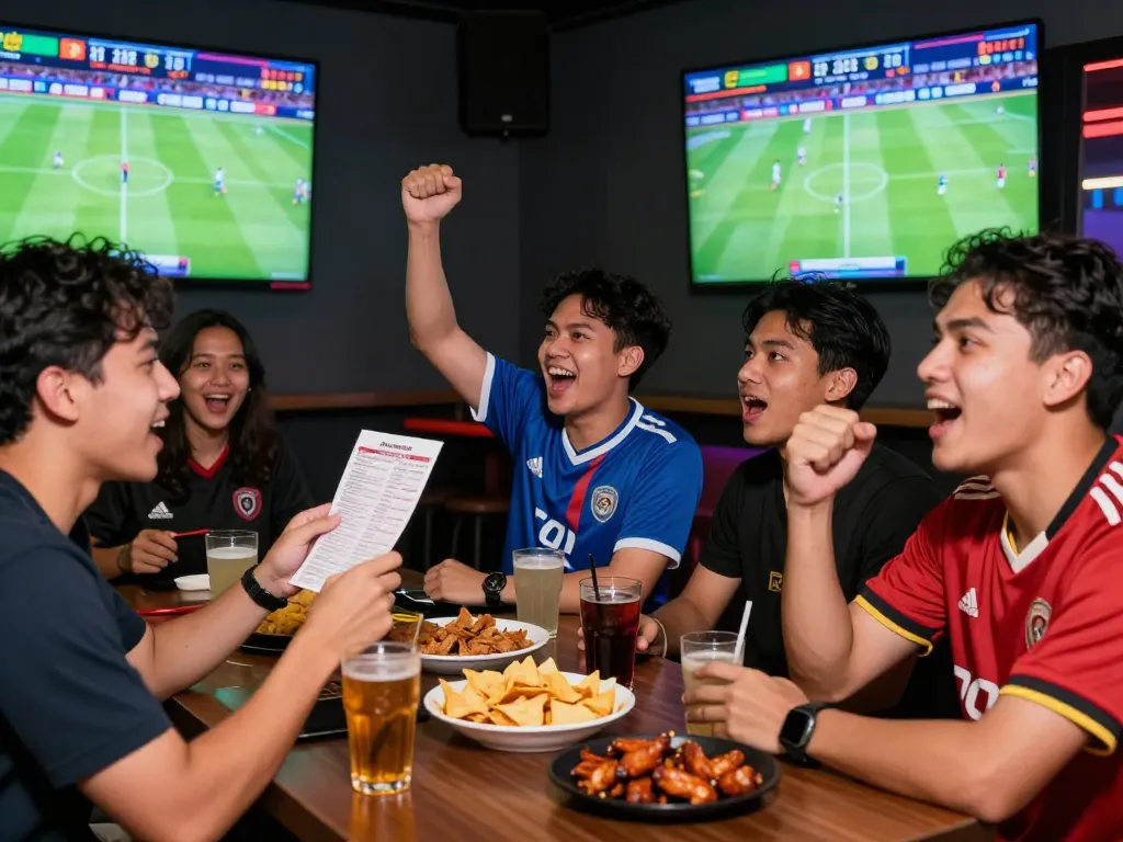 Friends enjoying Judi Bola betting while watching a live football match in a lively lounge.