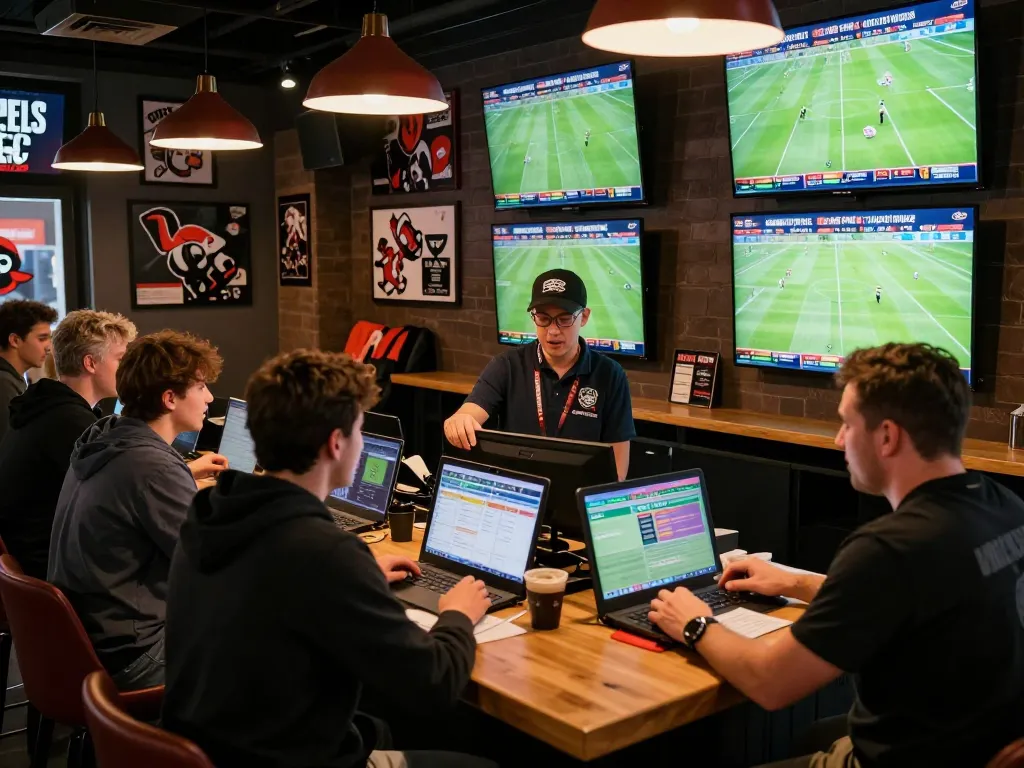 Engaged bettors reviewing Tỷ Lệ Bóng Đá during an exciting live sports betting event.