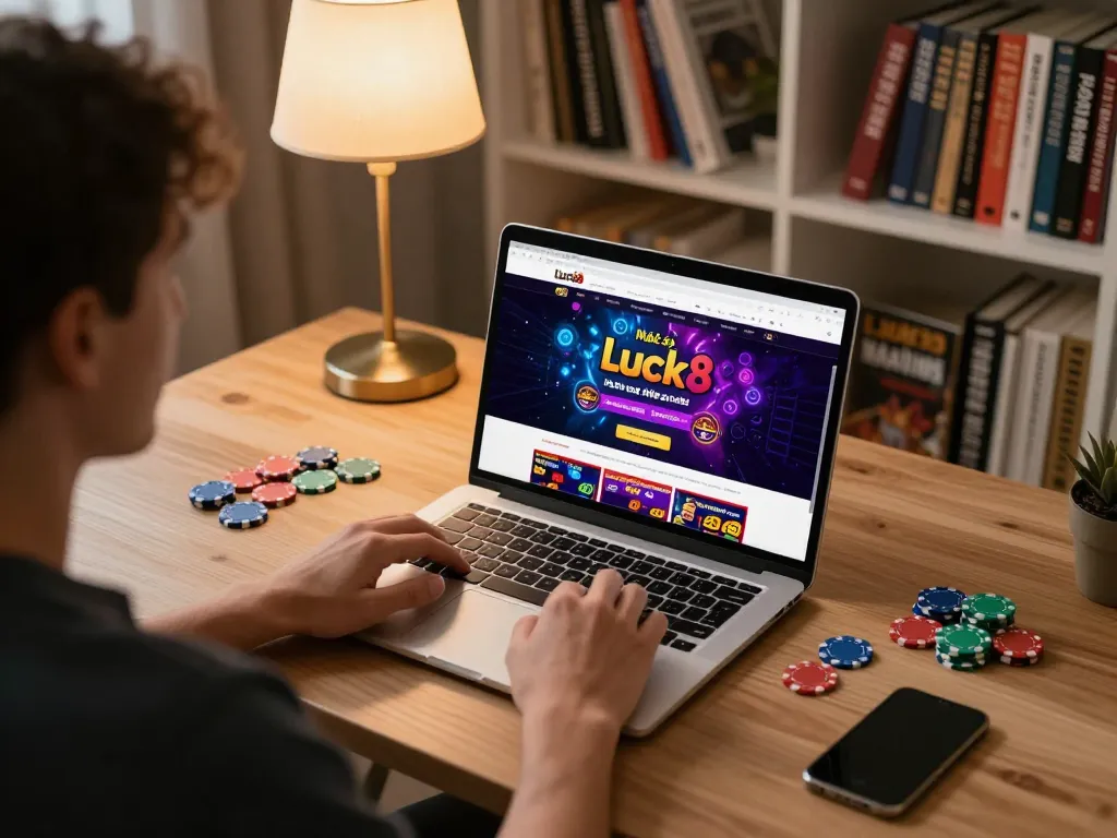The engaging online gaming experience at Nhà cái Luck8, with a player analyzing strategies on a laptop.