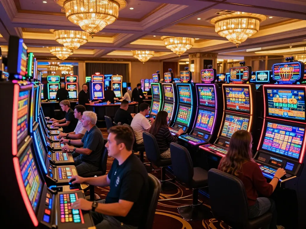 Players celebrating wins at vibrant slot machines in a lively casino environment, showcasing 88vvgo's entertainment and excitement