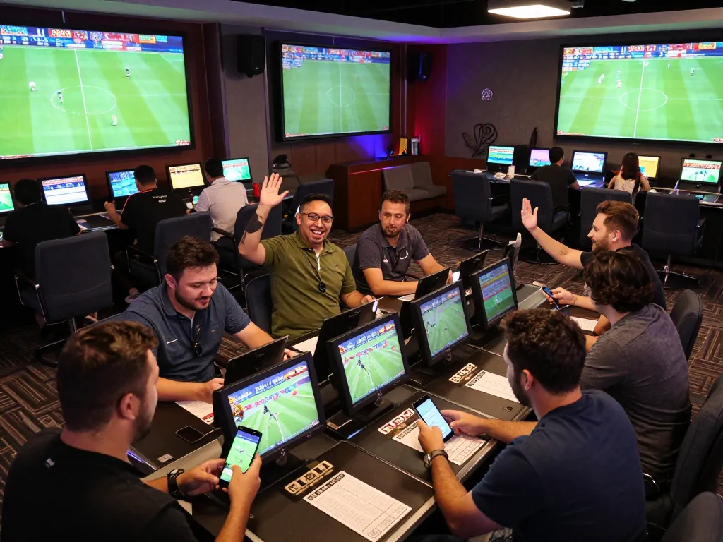 Engaged bettors analyzing tỷ lệ kèo nhà cái 5 in a lively sports betting room.