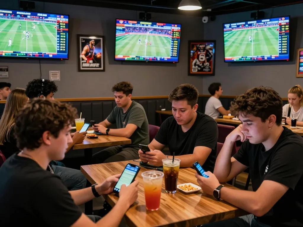 SBOBET sports betting scene with bettors analyzing live events and odds in a lively sports bar.
