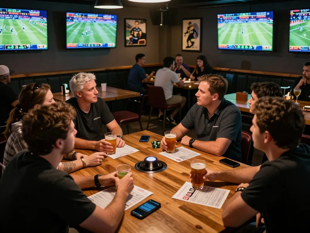 Kèo nhà cái action captured as enthusiastic bettors analyze live sports and odds at a vibrant sports bar.