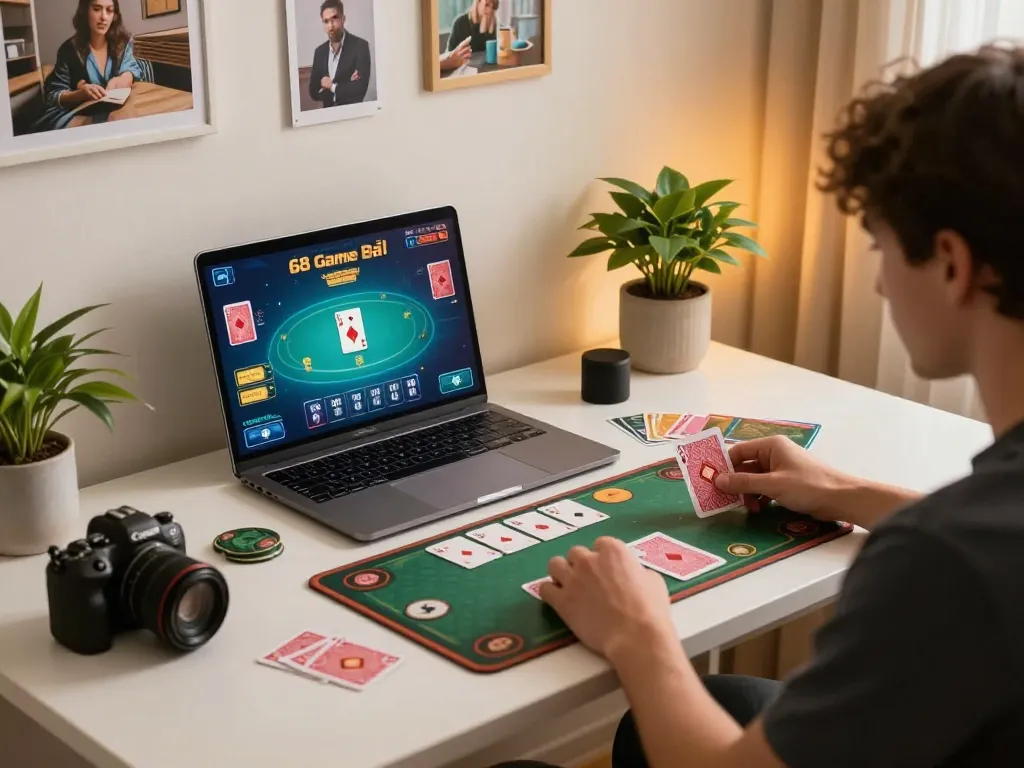 Playing card games at home on 68 Game Bài, showcasing a cozy gaming setup.