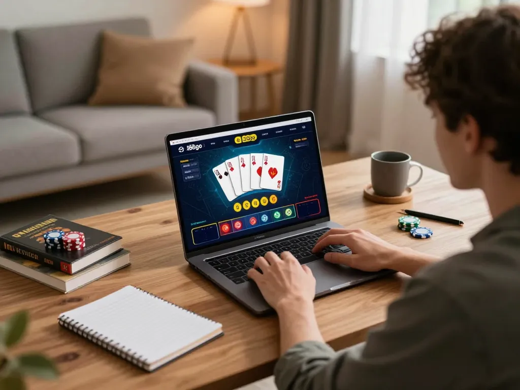 Person playing online casino on ee88go in a stylish home office setting, focused on gambling strategies.