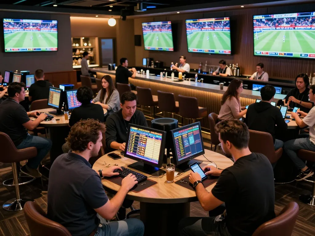Pertaruhan yang terlibat menganalisis odds sambil memasang taruhan Mix Parlay di lounge kasino modern.