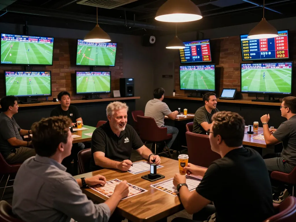 Tỷ Lệ Bóng Đá in action as fans engage in sports betting at a lively lounge with live match updates.