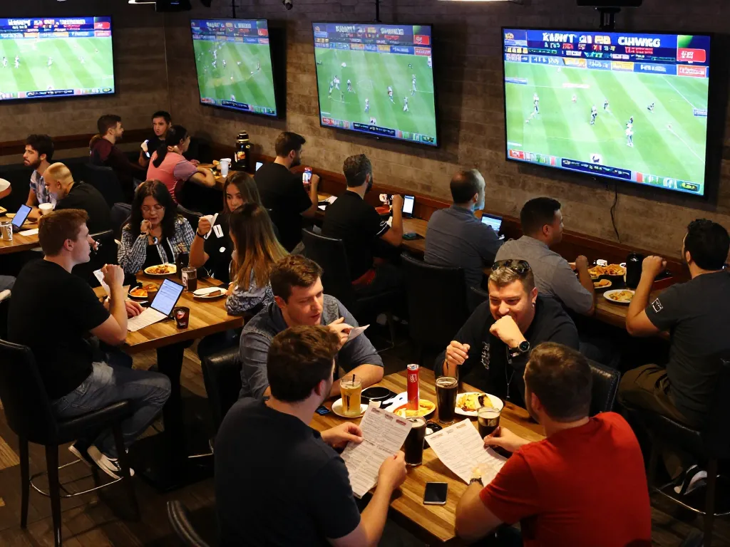 Bettors analyzing tỷ lệ nhà cái at a lively sports bar during live game broadcasts