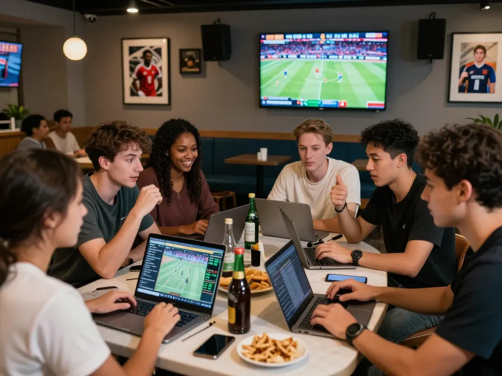 B体育官网 sports betting lounge with friends enjoying live coverage and odds discussions.