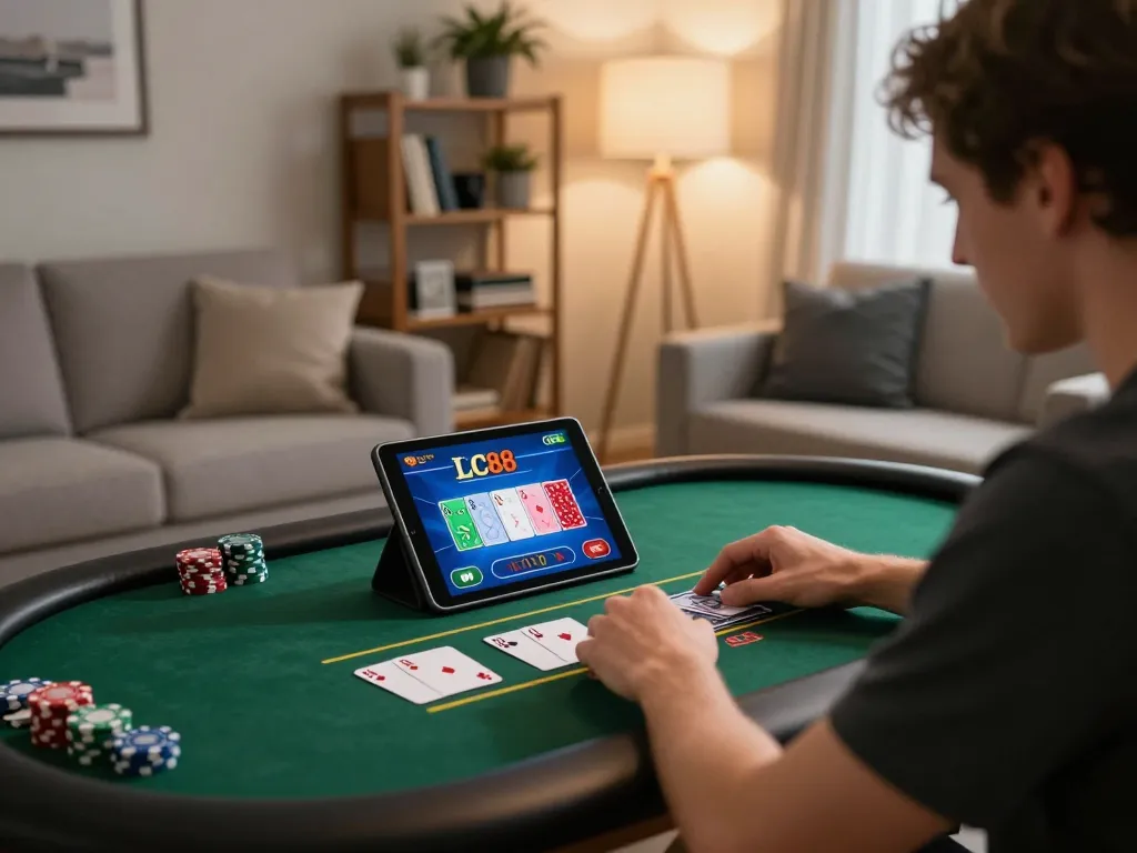 Player engaging with LC88 online casino game on tablet in cozy living room setting