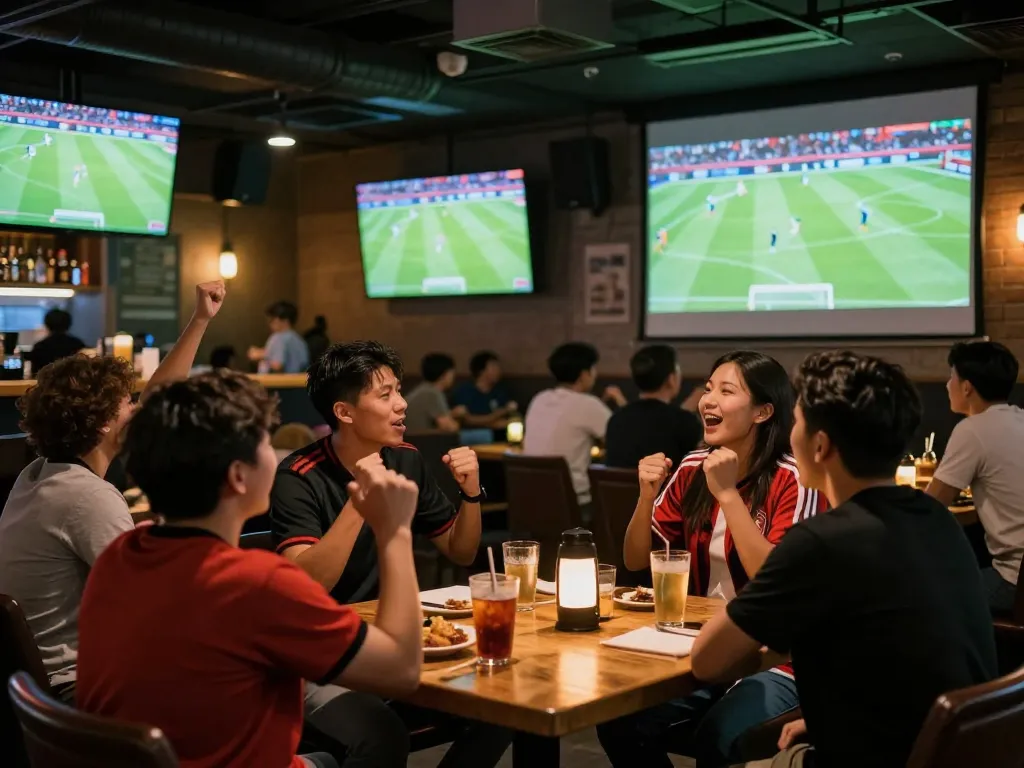 Socolive xem bóng đá in a lively sports bar with fans celebrating a football match.